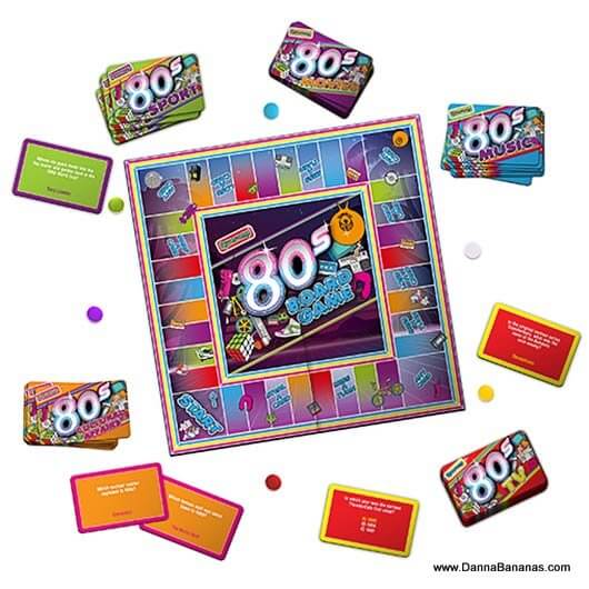 Awesome 80s Board Game with trivia cards and board featuring 80s nostalgia icons; ideal for 2-6 players aged 12+.