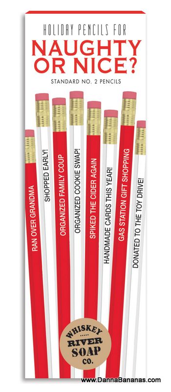 The Holiday Pencils For Naughty or Nice set by Whiskey River Soap Co. includes playful messages such as "Ran Over Grandma" and "Organized Family Coup," making it an ideal stocking stuffer with a humorous twist for your holiday list. These red and white pencils perfectly capture the cheeky spirit of the season.