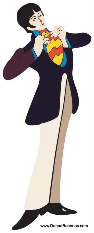 A cartoonish illustration of a person in a dark blazer, light pants, and colorful striped tie embodies the whimsy of The Beatles Yellow Submarine Magnetic Play Set by Danna Bananas, depicted in a playful style against a plain background with vibrant charm.