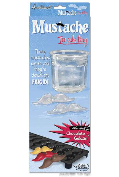 Packaging for the Danna Bananas Mustache Ice Cube Tray. The image displays the front of the package, showcasing a clear glass with mustache-shaped ice cubes floating inside. The text reads "Mustache Ice Cube Tray: This drink accessory is so cool it's downright FRIGID!