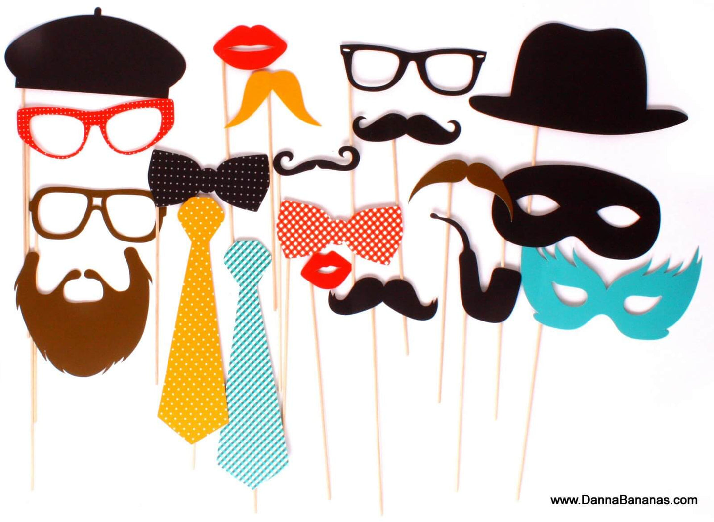 Introducing the "Photo Booth - Photo Accessories" by Danna Bananas: A playful assortment of photo booth props on sticks, featuring mustaches, lips, hats, bowties, neckties, a monocle, a pipe, and a mask in various colors and patterns set against a white background. These perfect party accessories are sure to add fun to any event.