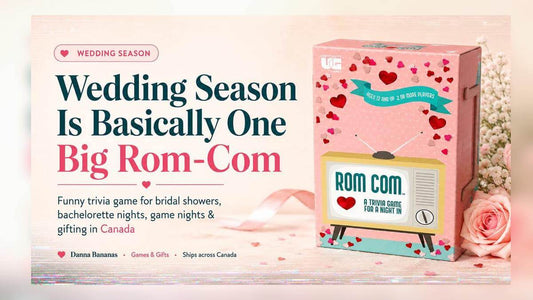 ROM COM trivia game for wedding season — pink box with retro TV design, ships across Canada by Danna Bananas