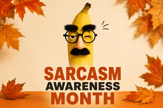 Yellow banana wearing Groucho glasses and winking among autumn leaves for Sarcasm Awareness Month