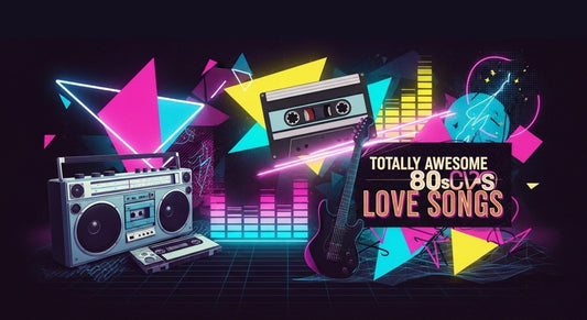 Retro 1980s music themed blog hero image featuring a cassette tape, boombox, electric guitar, and neon graphics celebrating totally awesome 80s love songs.