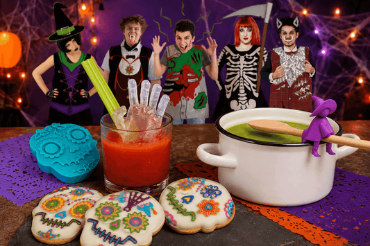 Halloween party ideas featuring Zombie Hand ice, Sweet Spirits cookies, Agatha spoon holder and spooky outfits