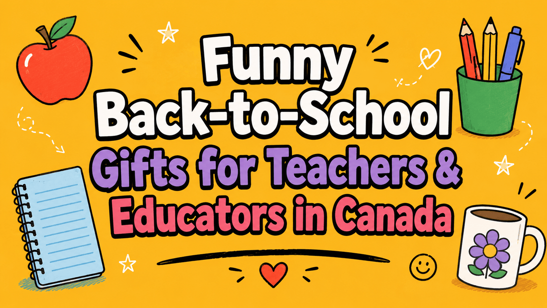 Illustrated header for funny back-to-school gifts for teachers and educators in Canada, with an apple, notebook, pencil cup, and coffee mug