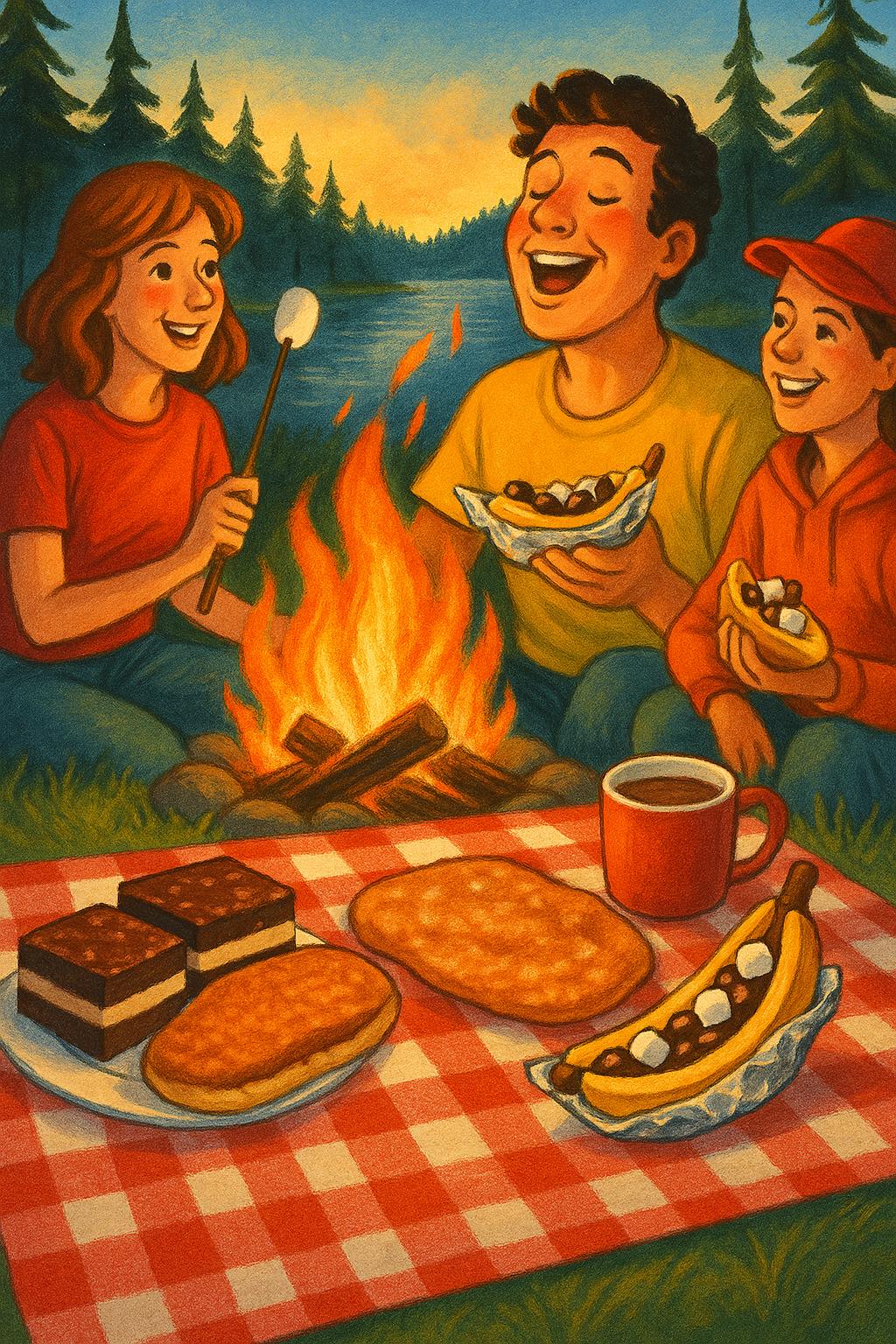 Illustration of friends around a campfire by a lake, enjoying Canadian treats like Nanaimo bars, BeaverTails, hot chocolate, and a foil-wrapped Banana Boat.