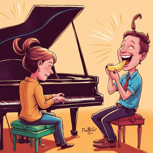 A girl playing a piano and someone else eating a banana