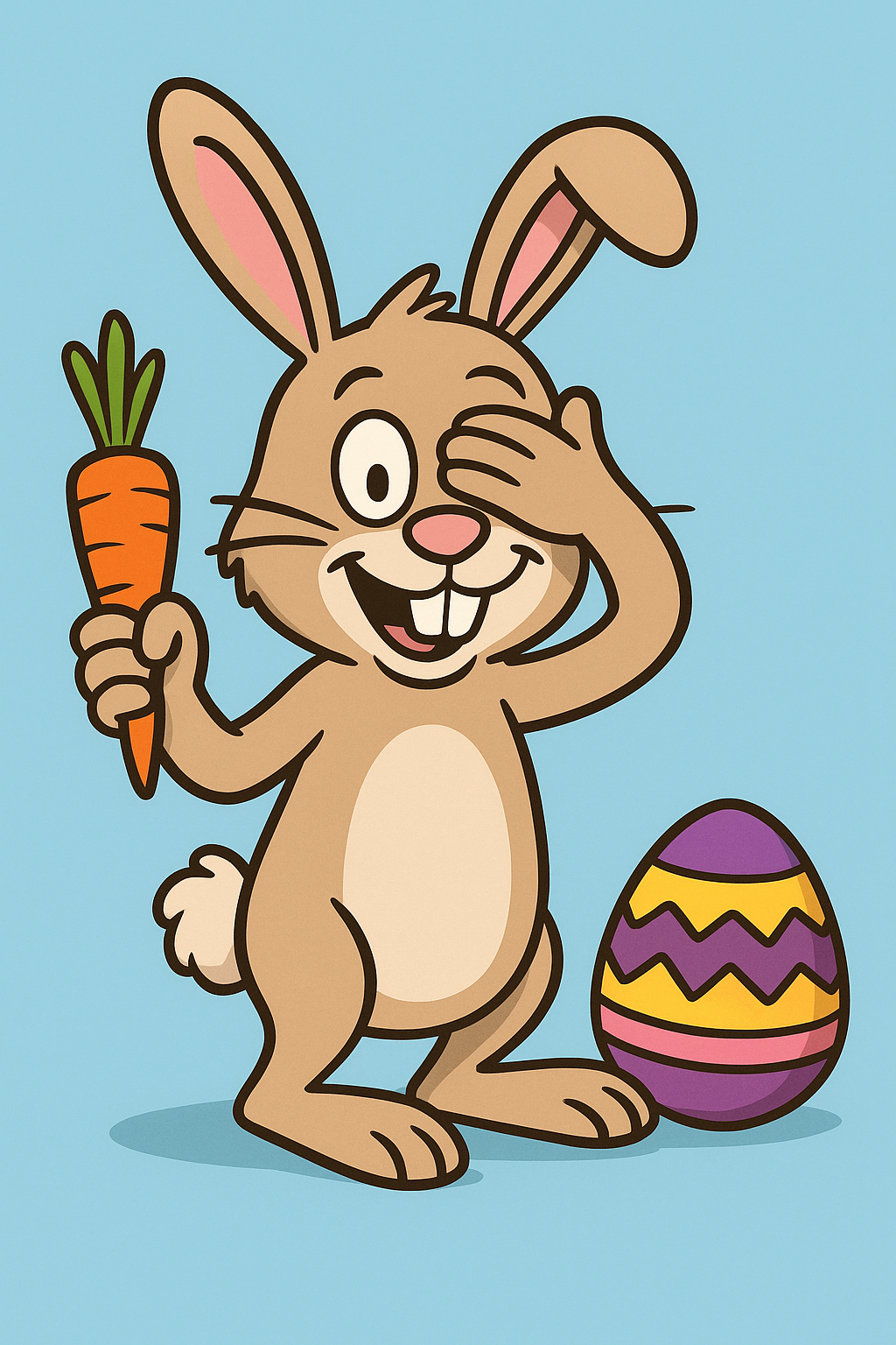 Easter Bunny holding a carrot with an easter egg beside it
