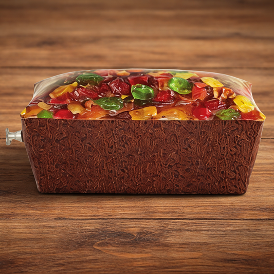 Inflatable fruitcake decoration on a rustic wooden table, ready for National Fruitcake Day celebrations without the calories or crumbs