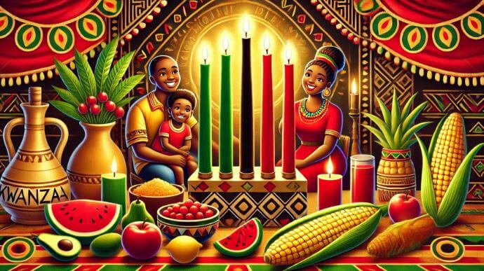 An image of African people celebrating Kwanzaa. There are people celebrating with food and candles.