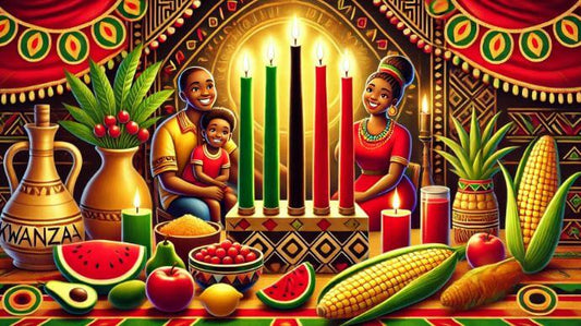 An image of African people celebrating Kwanzaa. There are people celebrating with food and candles.