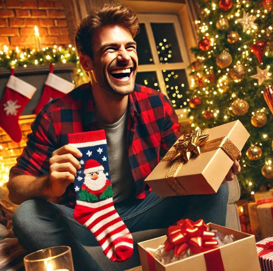 alt: Man laughing while opening up a gift