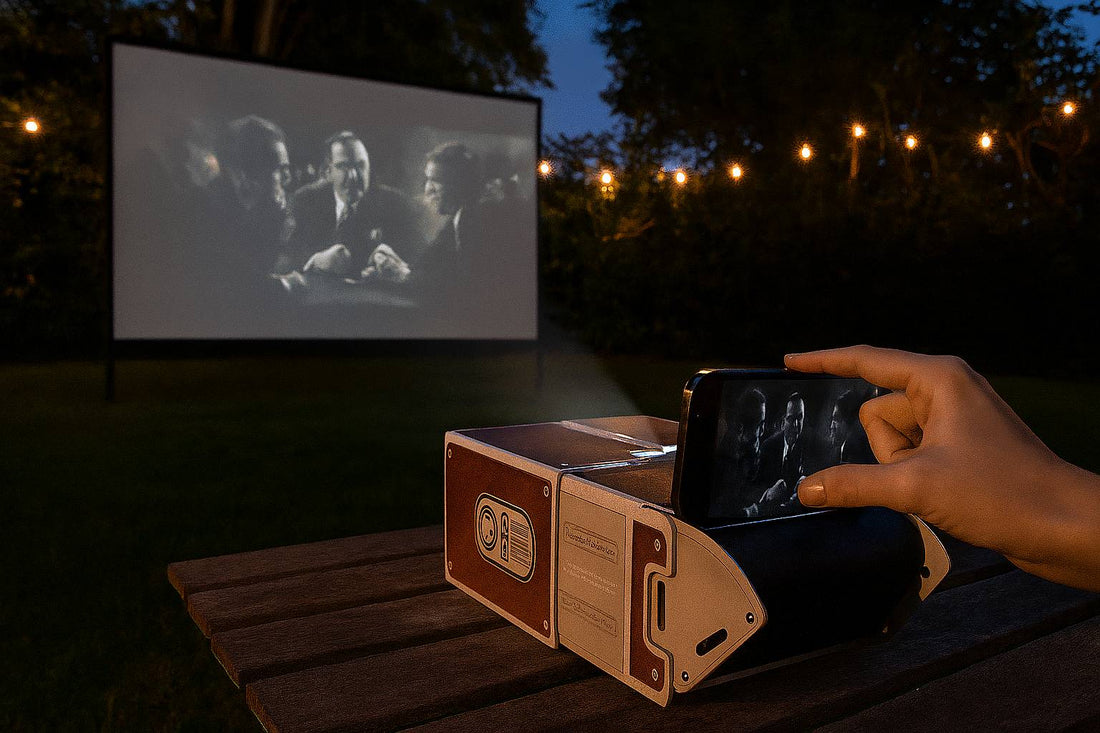 Smartphone Projector 2.0 projecting a black-and-white movie onto a backyard screen at night, with string lights creating a cozy outdoor theatre atmosphere.