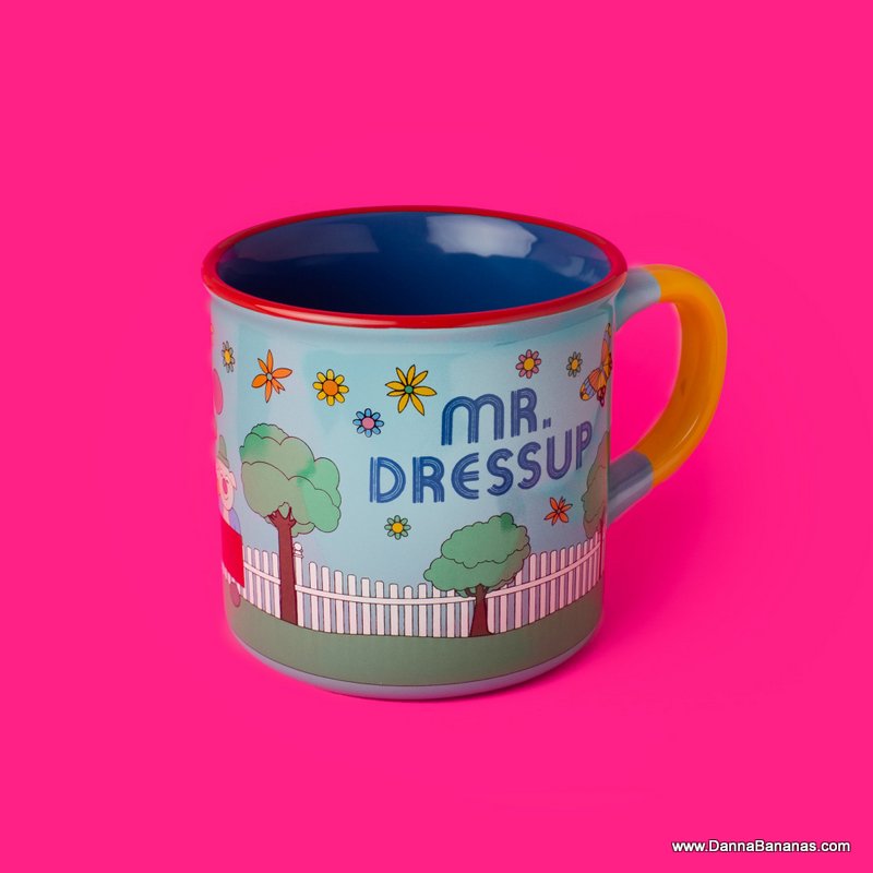 Mr Dressup Mug on a pink background
