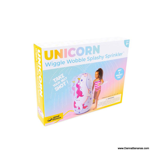 Colorful Unicorn Wiggle Wobble Splashy Sprinkler package showing the inflatable water toy in action, perfect for summer backyard fun.