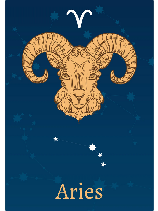 Aries zodiac ram symbol with constellation stars on a dark blue background