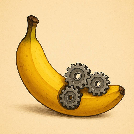 Banana with gears and cogs, symbolizing the technical Magento-powered website launch of 2013 and the evolution of Danna Bananas.