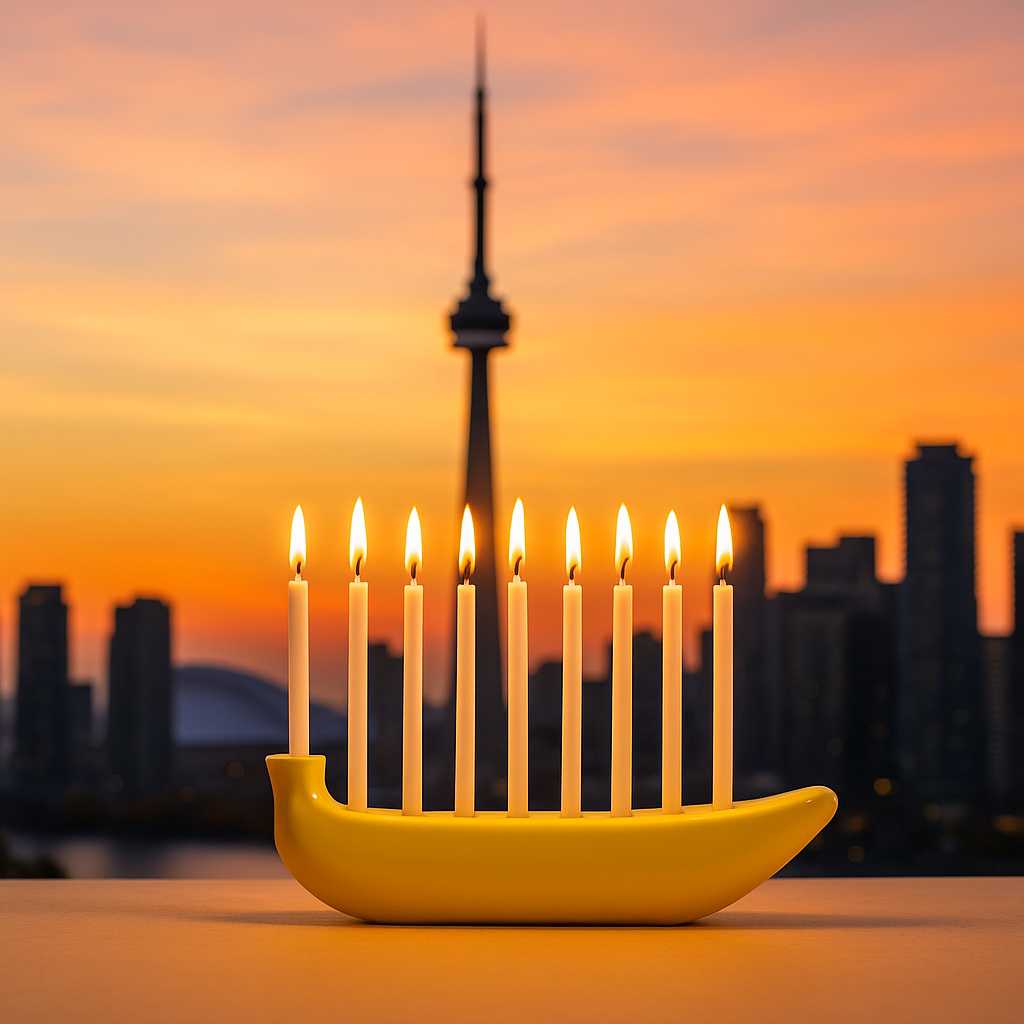 Yellow banana-shaped menorah with candles on Toronto condo counter—Hanukkah decor from Danna Bananas