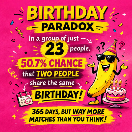 Hot pink Birthday Paradox meme with smiling banana showing that in a group of 23 people there is a 50.7 percent chance two share the same birthday.