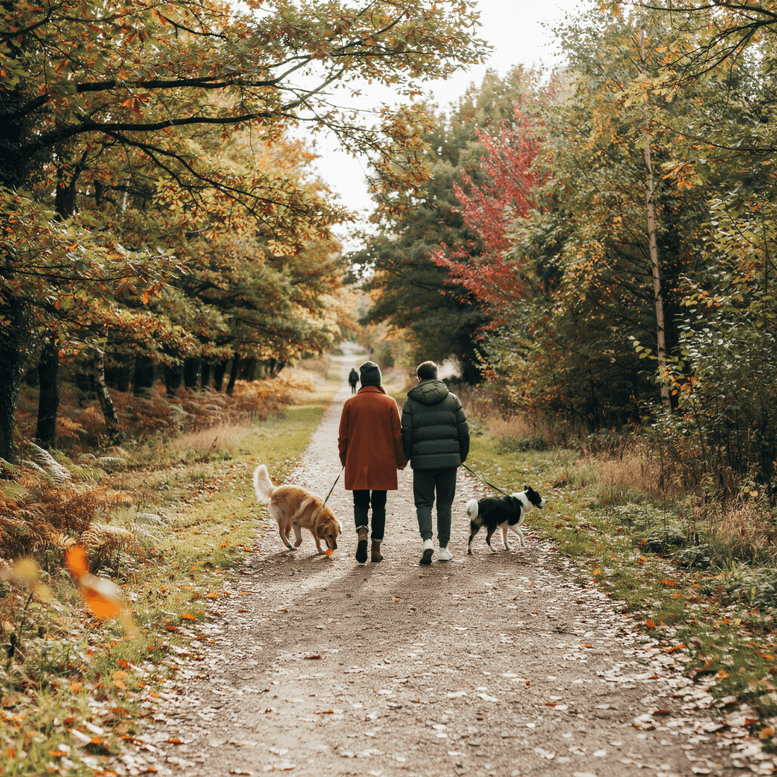 Two people walking their dogs together along an autumn path.