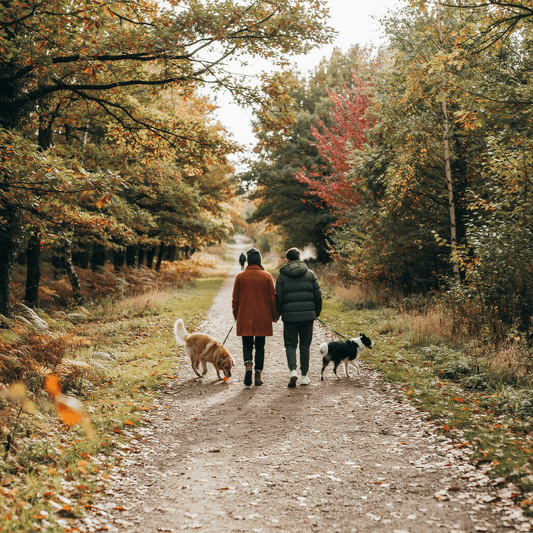 Two people walking their dogs together along an autumn path.