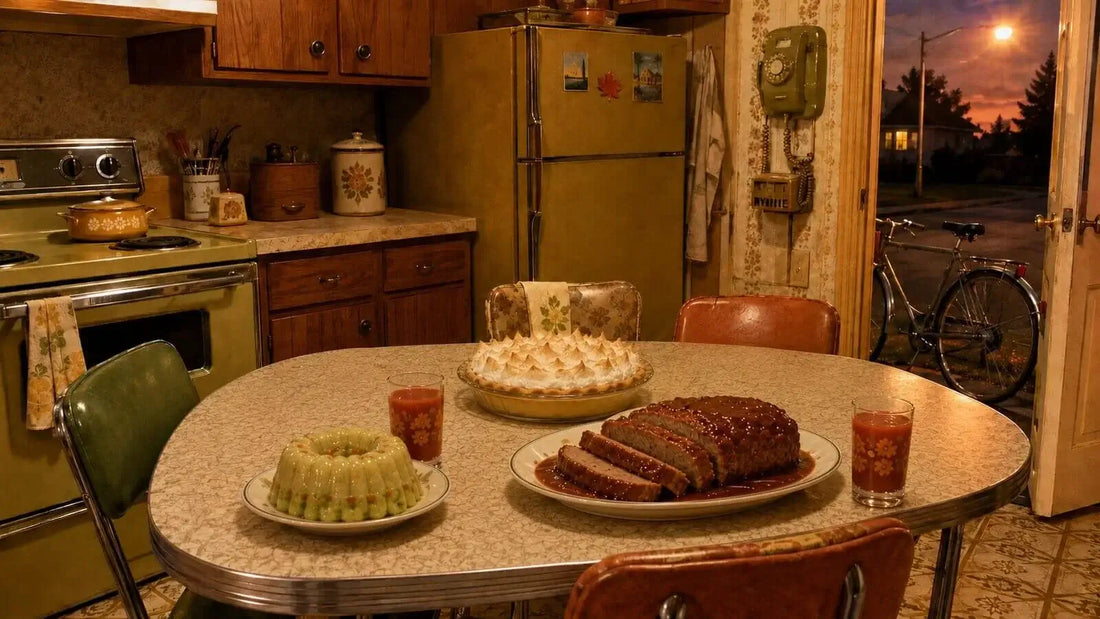 Gen X Nostalgia: The Chaos We Survived - Vintage kitchen scene with retro dishes and décor.