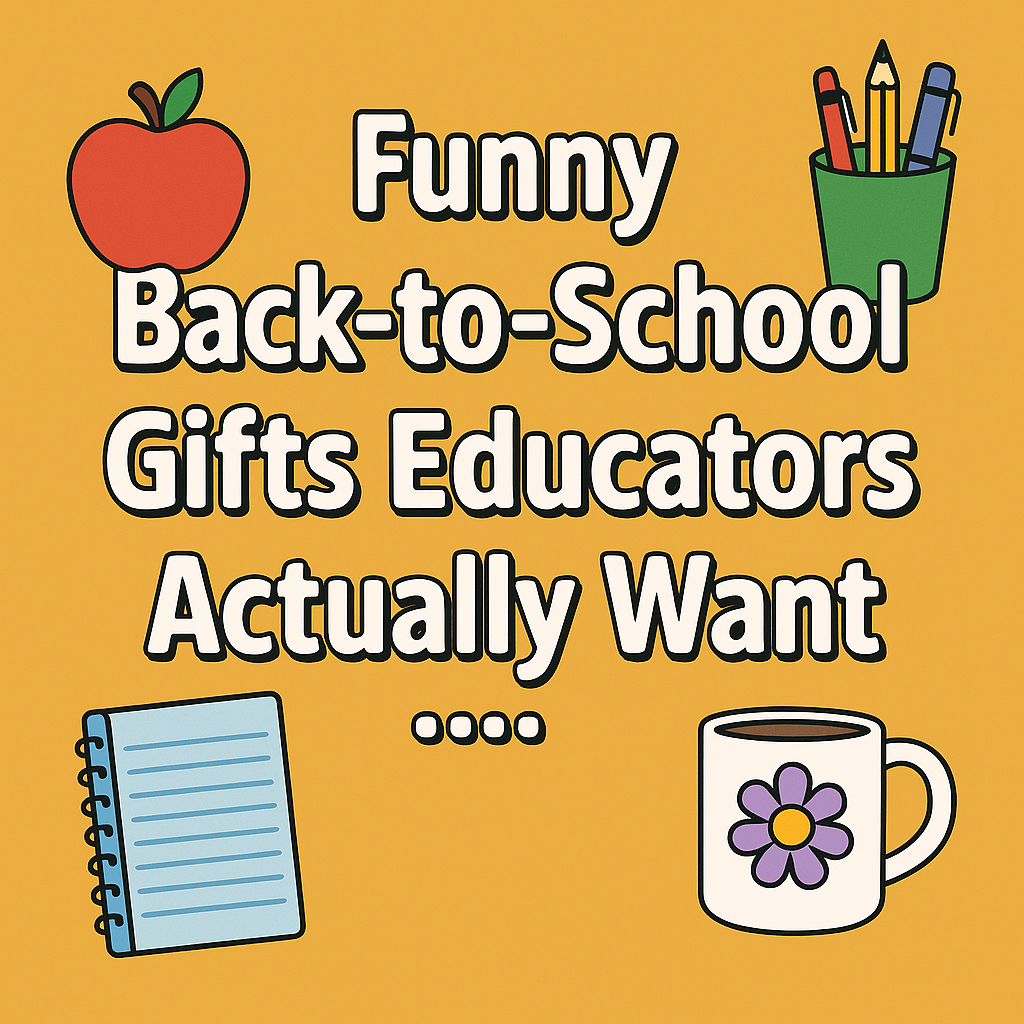 Funny Back-to-School Gifts Educators Actually Want – blog title image featuring apple, pencil holder, notebook, and coffee mug illustrations