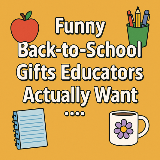 Funny Back-to-School Gifts Educators Actually Want – blog title image featuring apple, pencil holder, notebook, and coffee mug illustrations