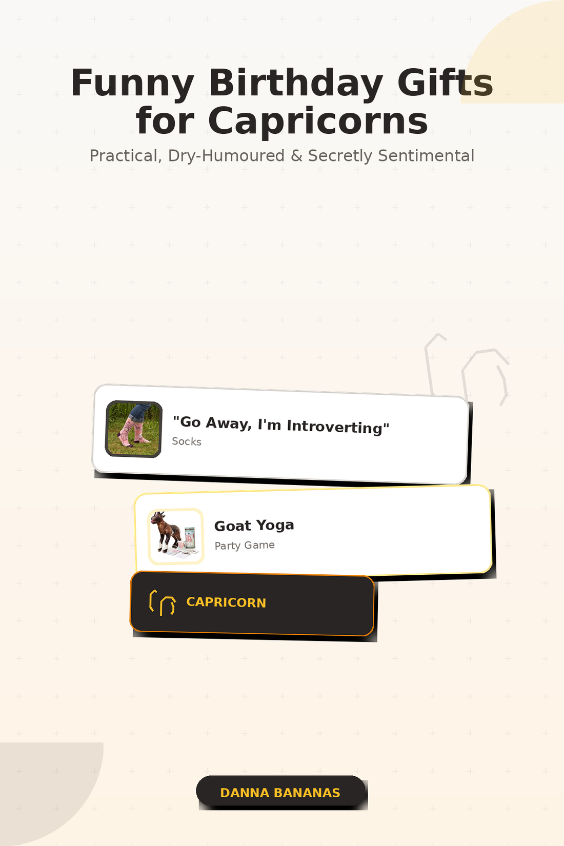Funny birthday gifts for Capricorn including Goat Yoga party game and introvert socks, styled in an earth-tone flat lay by Danna Bananas Canada
