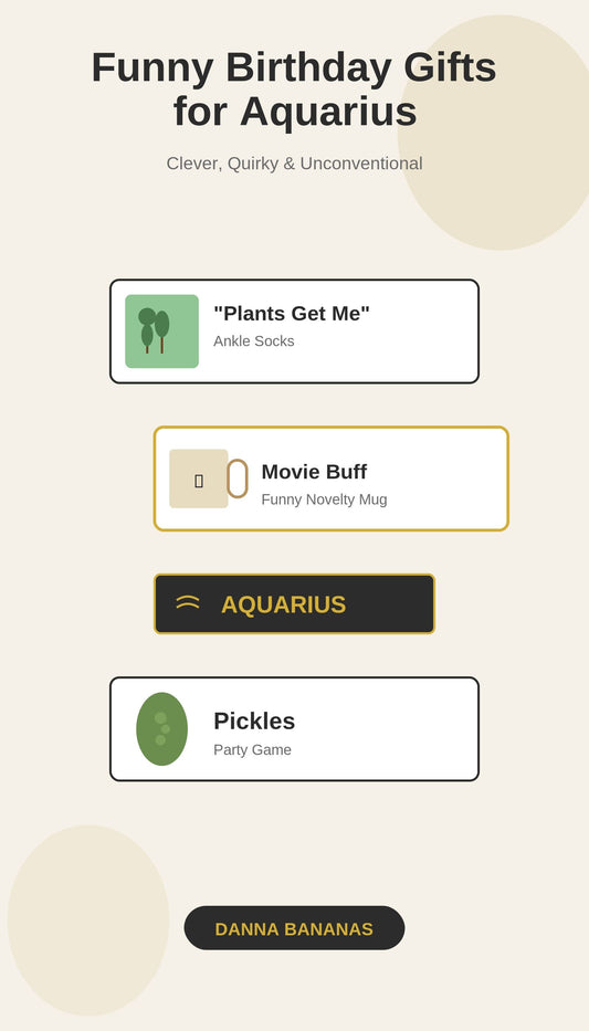 Illustrated blog hero image featuring funny birthday gift ideas for Aquarius, including Plants Get Me socks, a movie mug, and the Pickles party game.