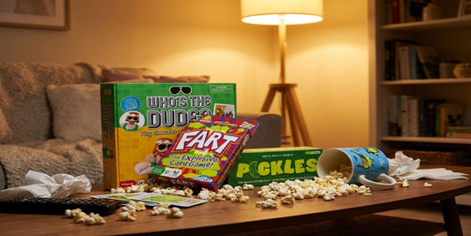Funny card games on a messy coffee table with snacks during a Canadian winter cabin fever game night