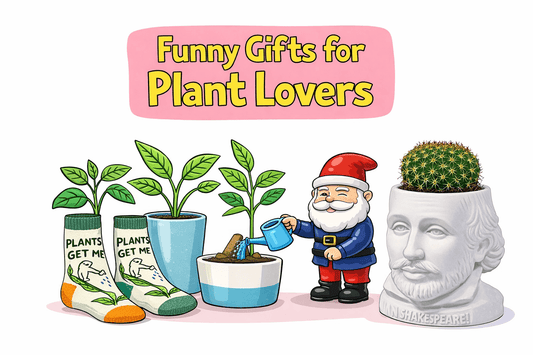 Funny gifts for plant lovers including plant socks, watering gnome planter, and Shakespeare cactus planter from Danna Bananas Canada