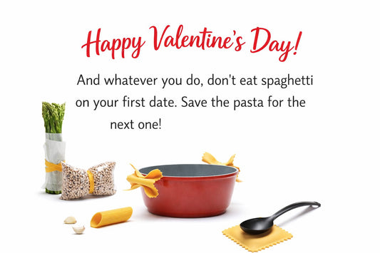 Valentine’s Day pasta-themed image with cookware and noodles, joking about not eating spaghetti on a first date, funny Toronto date ideas.