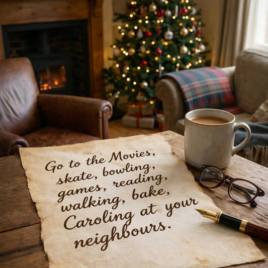Cozy Christmas living room with a holiday tree, fireplace, coffee mug, and handwritten note listing simple holiday activities like movies, skating, bowling, reading, baking, and caroling.