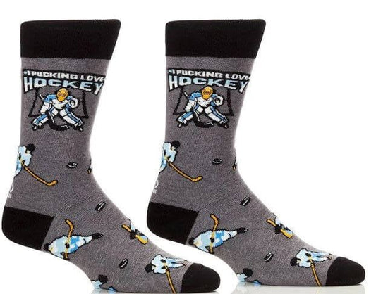 Funny men’s hockey socks featuring a goalie and puck design with the phrase “I Pucking Love Hockey,” a perfect gift for hockey lovers in Canada.