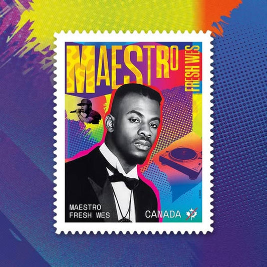Canada Post stamp honouring Maestro Fresh Wes, Canadian hip hop pioneer, issued during Black History Month.
