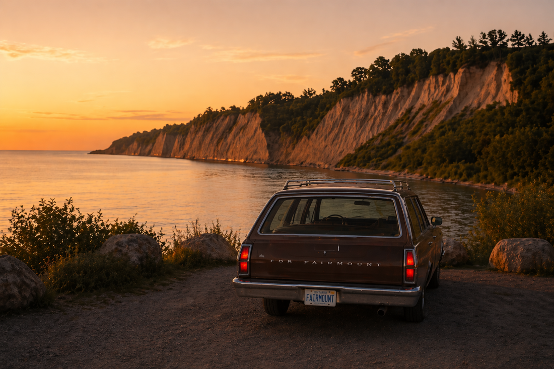 Scenic sunset view of Scarborough Bluffs in Toronto with parked car overlooking Lake Ontario featured in a guide to the best makeout spots in Toronto