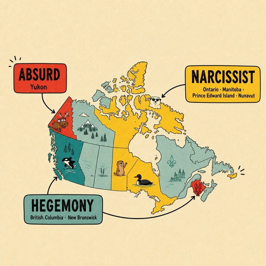 Illustrated map of Canada showing narcissist for Ontario, Manitoba, Prince Edward Island and Nunavut, hegemony for British Columbia and New Brunswick, and absurd for Yukon.