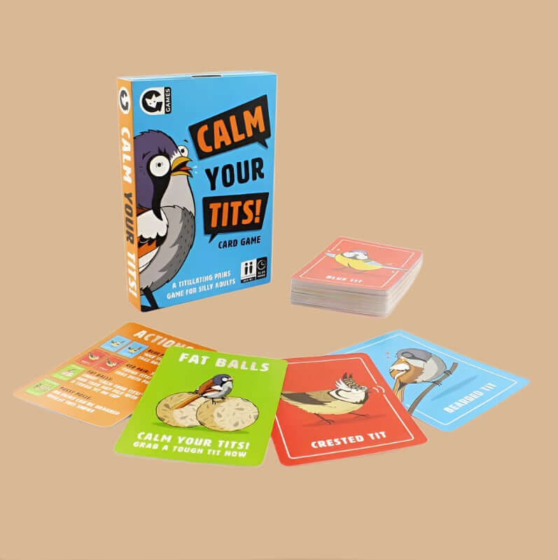 Calm Your Tits Card Game with colorful challenge and action cards displayed on a beige background