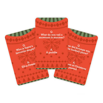 Introducing Christmas Dad Jokes by Danna Bananas: A set of three red cards featuring festive humor, sure to bring holiday laughter. Enjoy jokes like "Who is Santa's favorite singer? Elf-is Presley," "What do you call a snowman in summer? A puddle," and "How did Scrooge win the football game? The ghost of Christmas passed." Perfect for spreading cheer this holiday season!