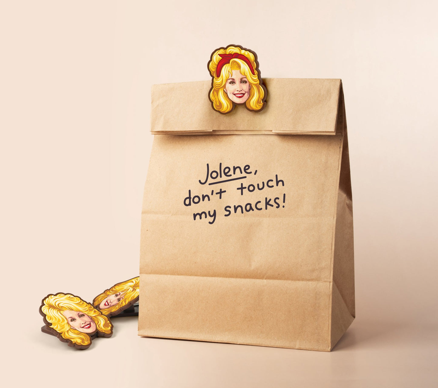 Dolly Parton Chip Clips on a Lunch Bag