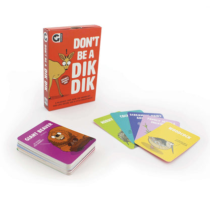 Don't Be A Dik Dik card game box with colorful cards featuring cheeky names like Giant Beaver and Woodcock placed around it