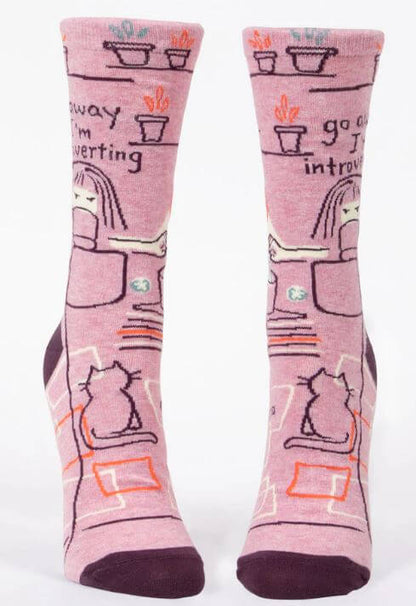 Go Away I'm Introverting funny novelty socks with a cat and tea cup design, sold by Danna Bananas
