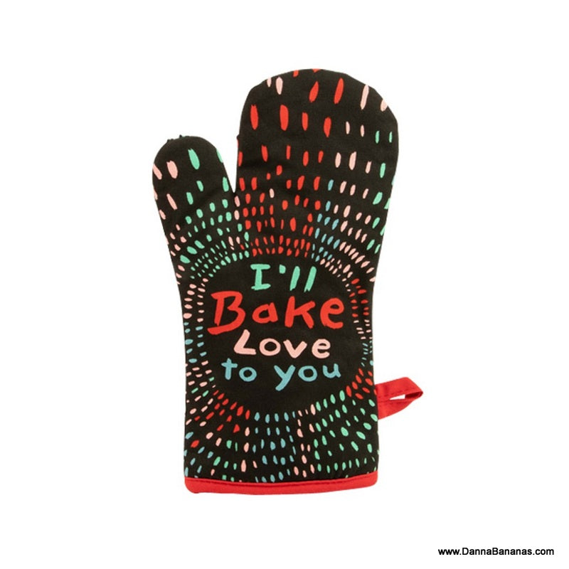 Funny Blue Q “I’ll Bake Love To You” oven mitt with colourful radiating pattern and red trim
