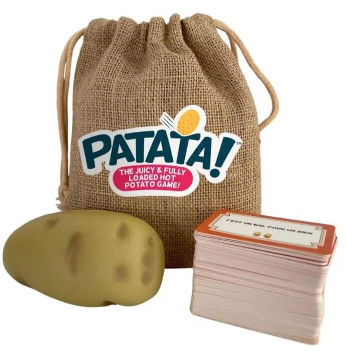 Patata! The Juicy and Fully Loaded Hot Potato Game! In a potato sack with squishy potato and playing cards.