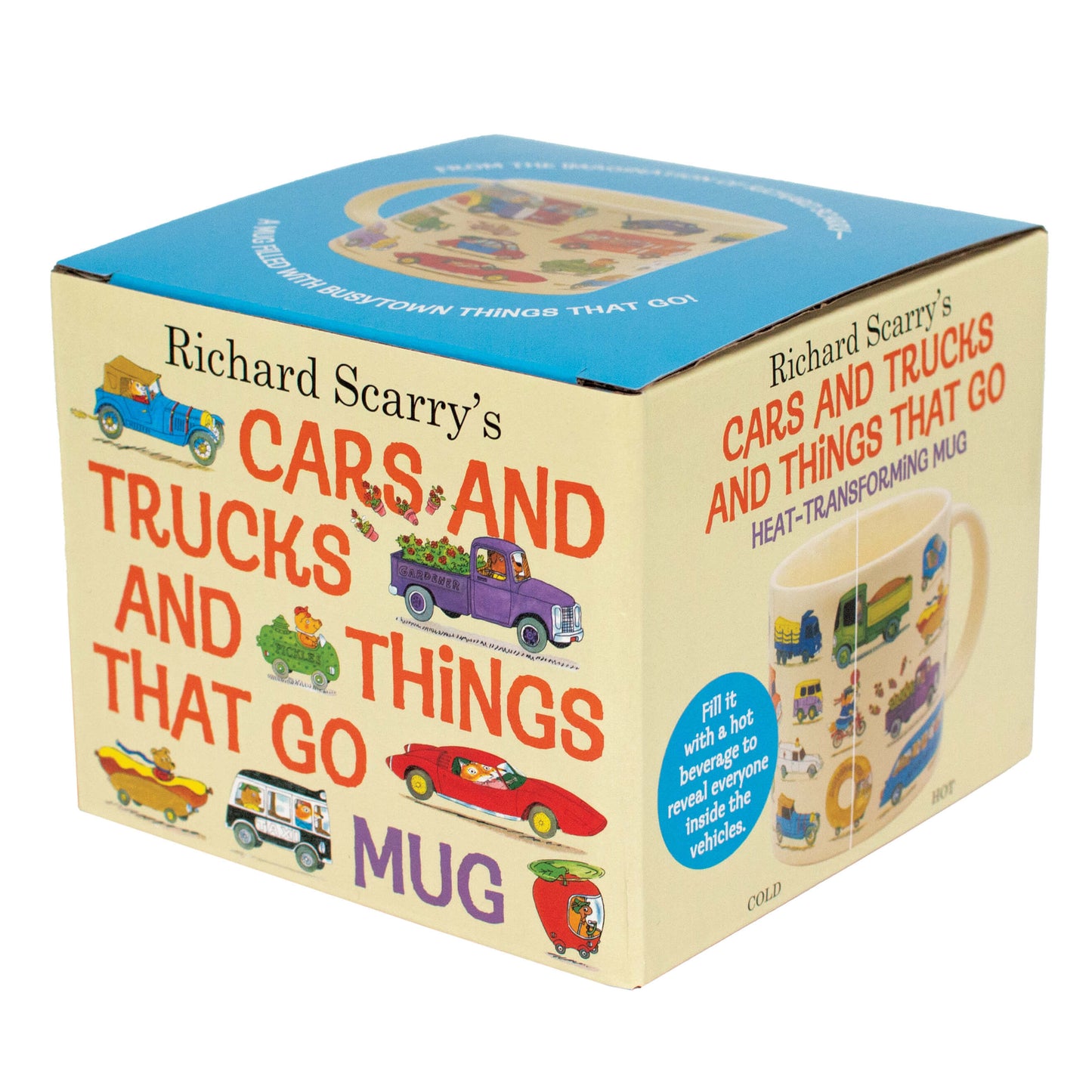 Gift box for Richard Scarry's Cars and Trucks and Things That Go heat-transforming mug, showing the mug cold and hot on the side panel