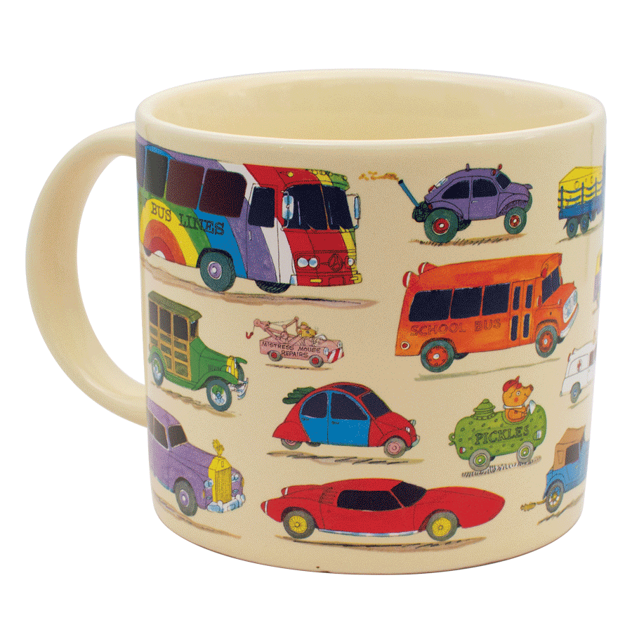 Richard Scarry Cars and Trucks Mug changing as hot liquid reveals Busytown characters inside the vehicle windows.