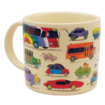 Richard Scarry Cars and Trucks Mug changing as hot liquid reveals Busytown characters inside the vehicle windows.