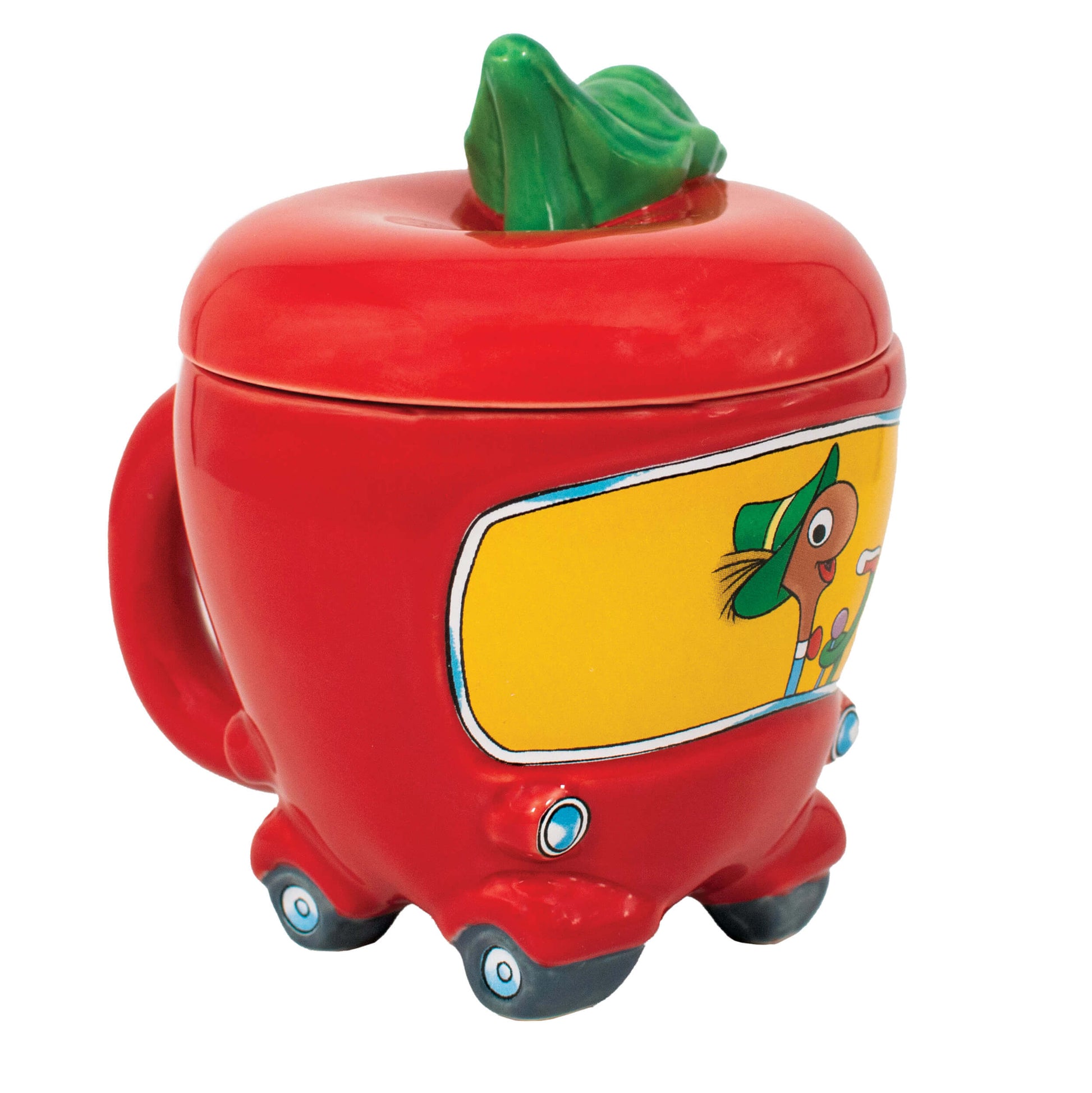 Richard Scarry Lowly Worm Applecar Mug side view showing the handle, removable lid with green leaf and Lowly Worm at the wheel